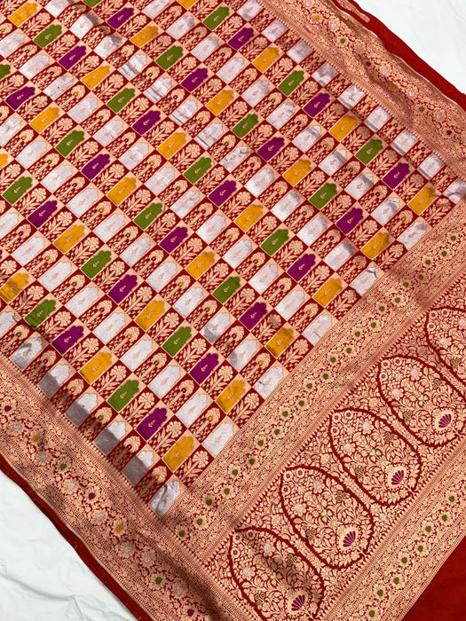 Red Pure Katan Banarasi Handloom Saree - Tilfi Meenakari Work