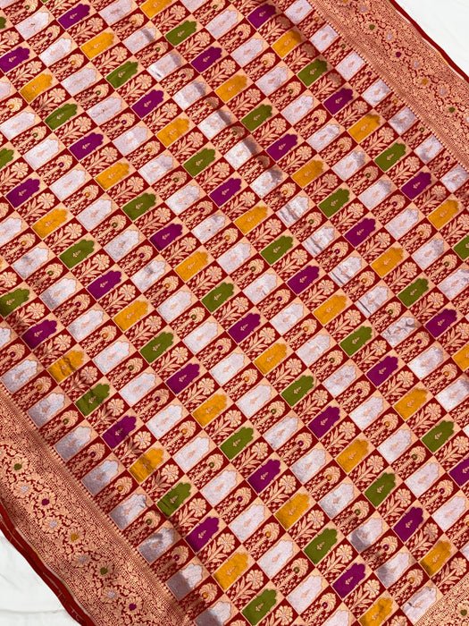 Red Pure Katan Banarasi Handloom Saree - Tilfi Meenakari Work