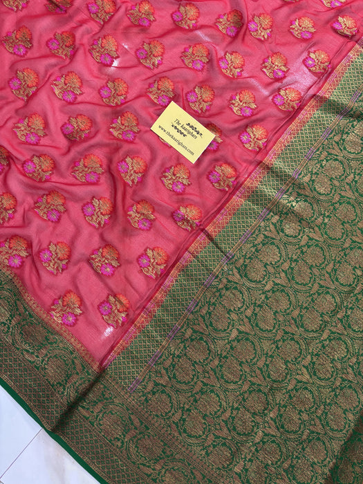 Red Pure Khaddi Chiffon Banarasi Saree - Meenakari Work