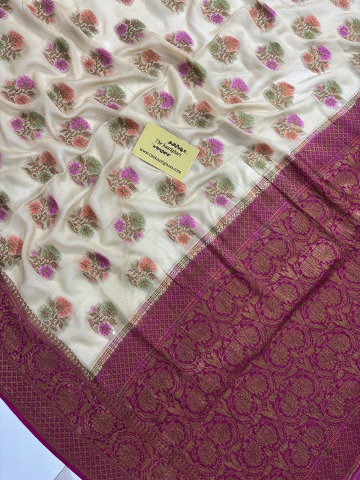 Cream Pure Khaddi Chiffon Banarasi Saree - Meenakari Work