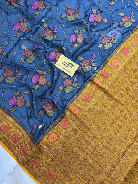 Midnight Pure Khaddi Chiffon Banarasi Saree - Meenakari Work