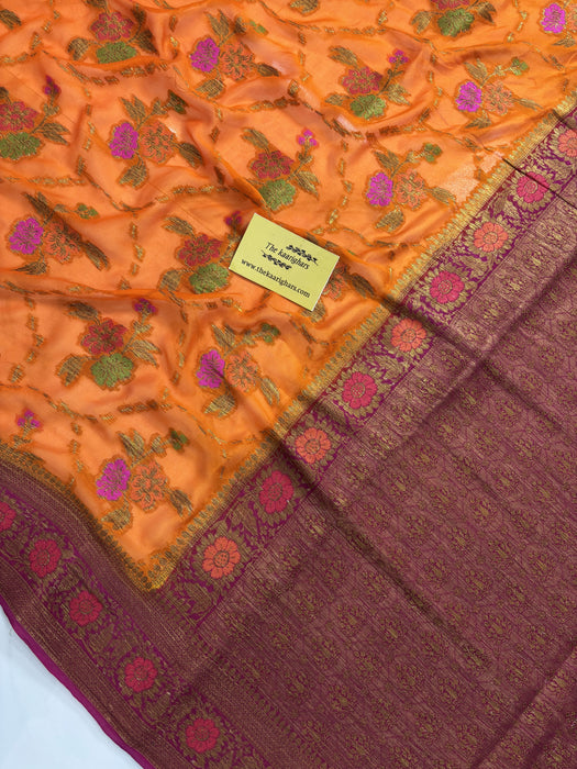 Dirty Orange Pure Khaddi Chiffon Banarasi Saree - Meenakari Work