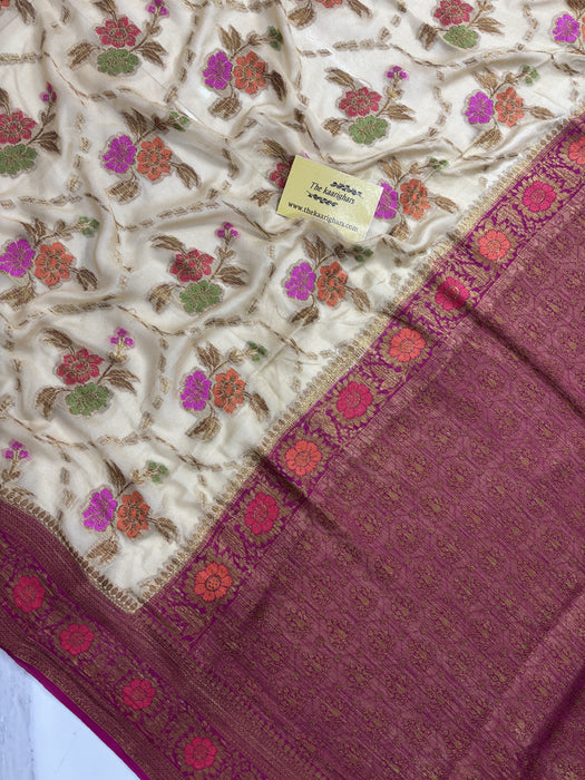 Cream Pure Khaddi Chiffon Banarasi Saree - Meenakari Work