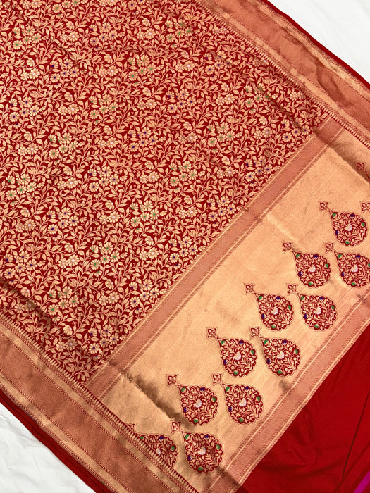 Red Pure Katan Banarasi Handloom Saree - Tilfi Meenakari Brocade Work