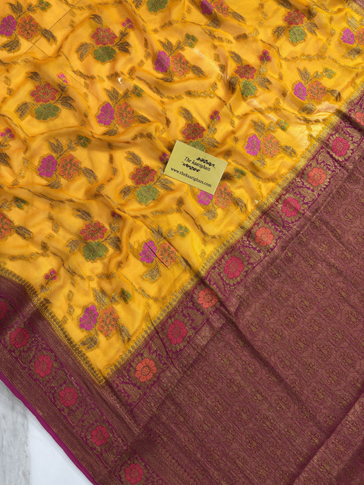 Persian Mustard Pure Khaddi Chiffon Banarasi Saree - Meenakari Work