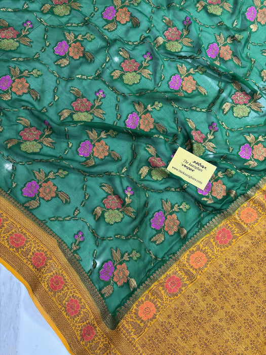Green Pure Khaddi Chiffon Banarasi Saree - Meenakari Work