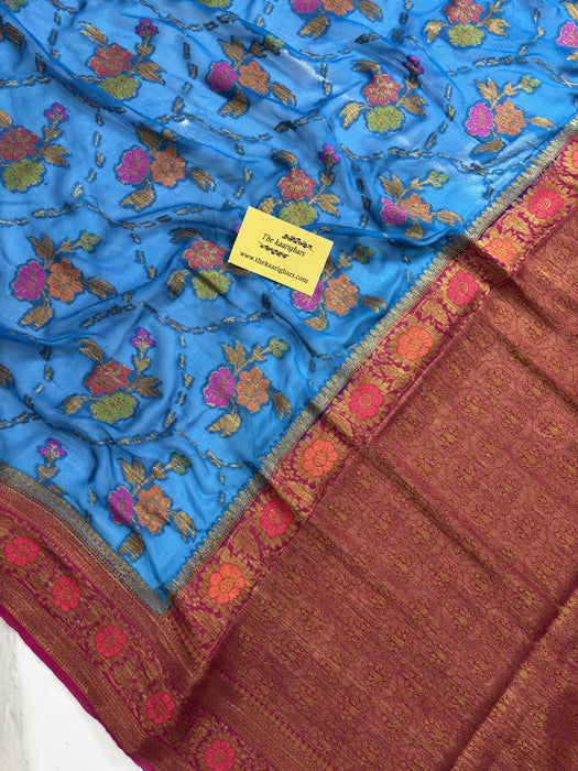 Blue Pure Khaddi Chiffon Banarasi Saree - Meenakari Work