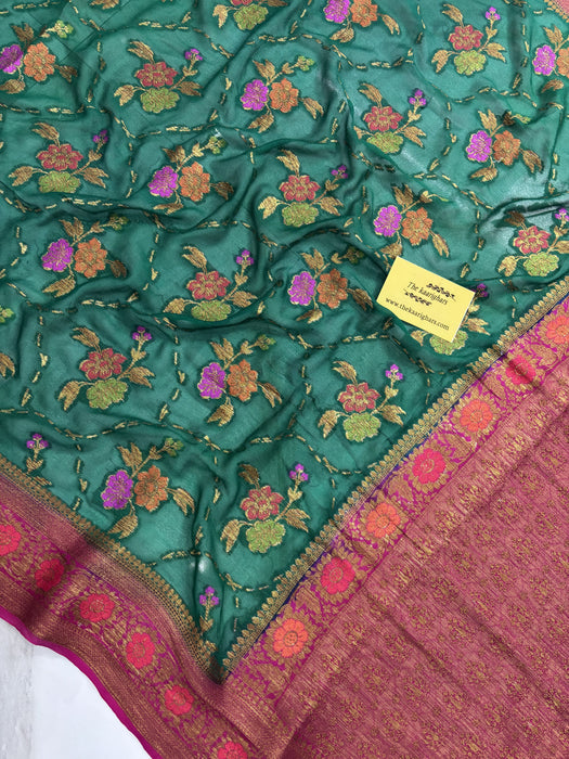 Bottle Green Pure Khaddi Chiffon Banarasi Saree - Meenakari Work