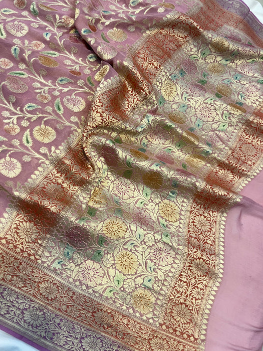 Copper Rose Pure Khaddi Georgette Banarasi Handloom Saree - Handfilled Meenakari