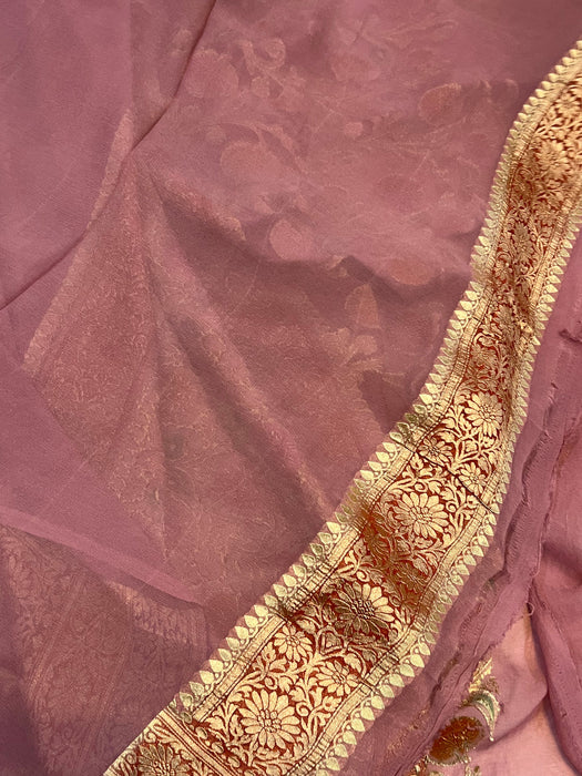 Copper Rose Pure Khaddi Georgette Banarasi Handloom Saree - Handfilled Meenakari