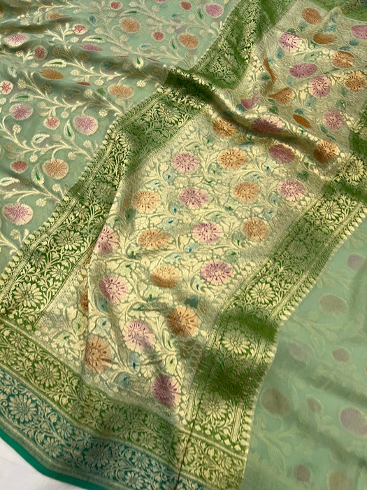 Greyish Green Khaddi Georgette Banarasi Handloom Saree - Handfilled Meenakari