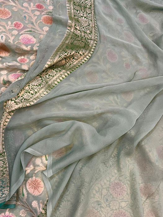 Greyish Green Khaddi Georgette Banarasi Handloom Saree - Handfilled Meenakari