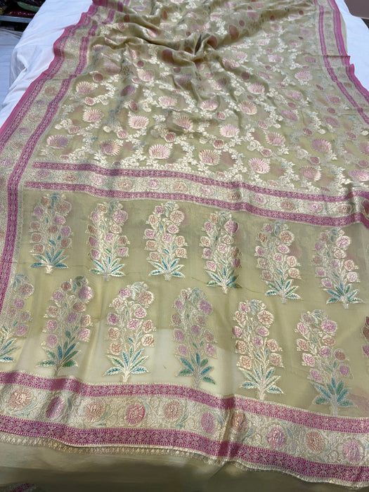 Dust Khaddi Georgette Banarasi Handloom Saree - Handfilled Meenakari