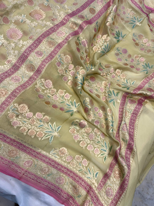 Dust Khaddi Georgette Banarasi Handloom Saree - Handfilled Meenakari