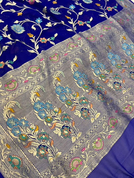 Spanish Blue Khaddi Georgette Banarasi Handloom Saree - Meenakari