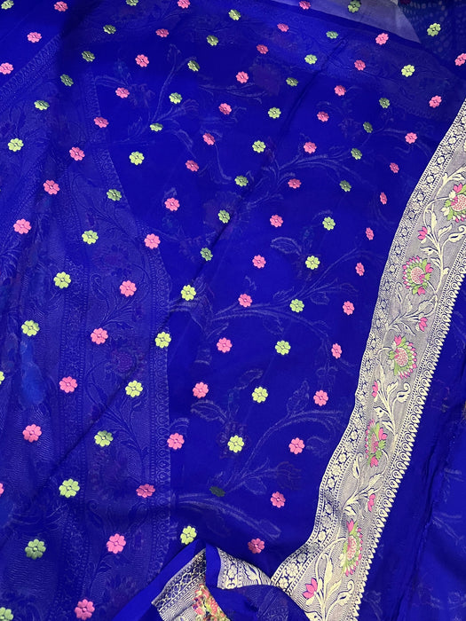 Spanish Blue Khaddi Georgette Banarasi Handloom Saree - Meenakari