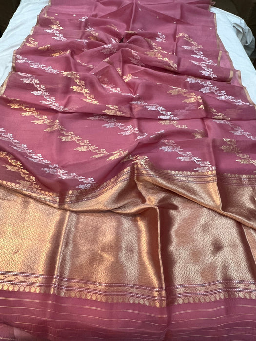 Spanish Pink Pure Kora Banarasi Handloom Saree