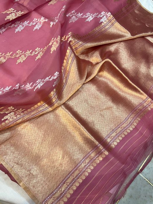 Spanish Pink Pure Kora Banarasi Handloom Saree