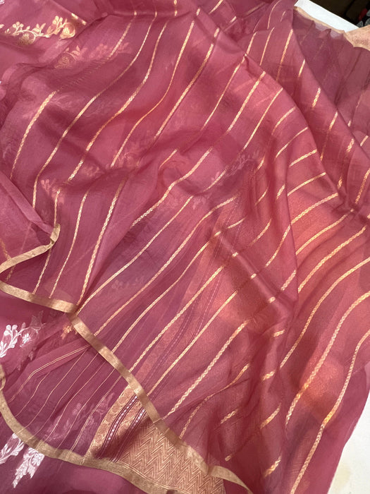 Spanish Pink Pure Kora Banarasi Handloom Saree