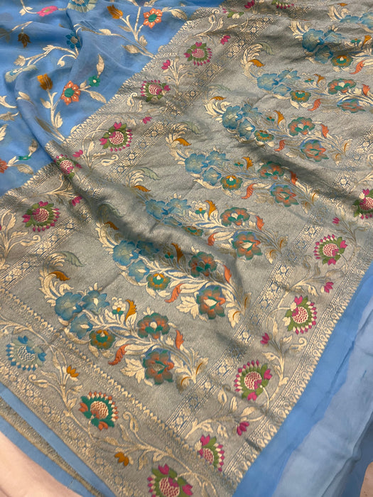 Steel Blue Khaddi Georgette Banarasi Handloom Saree - Meenakari