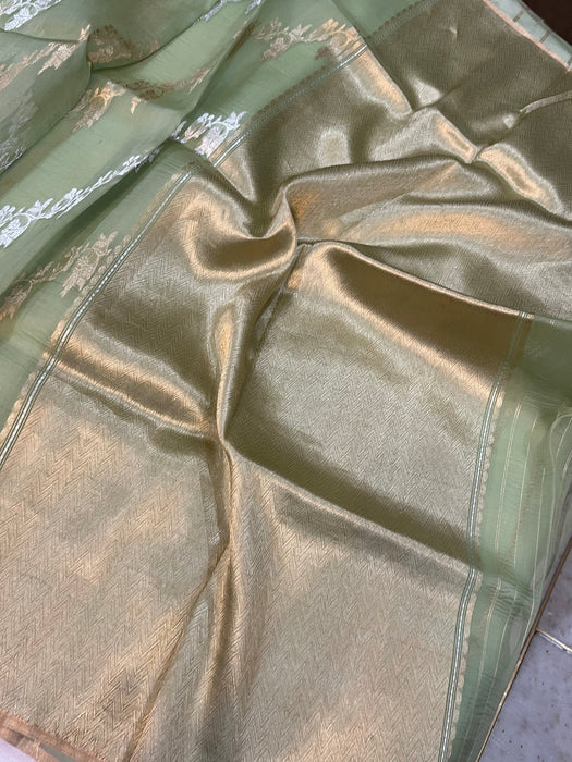Pista Pure Kora Banarasi Handloom Saree