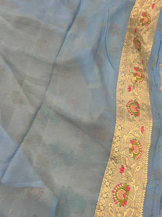 Steel Blue Khaddi Georgette Banarasi Handloom Saree - Meenakari