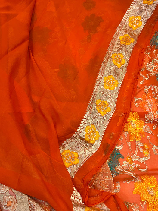 Red Khaddi Georgette Banarasi Handloom Saree - Meenakari
