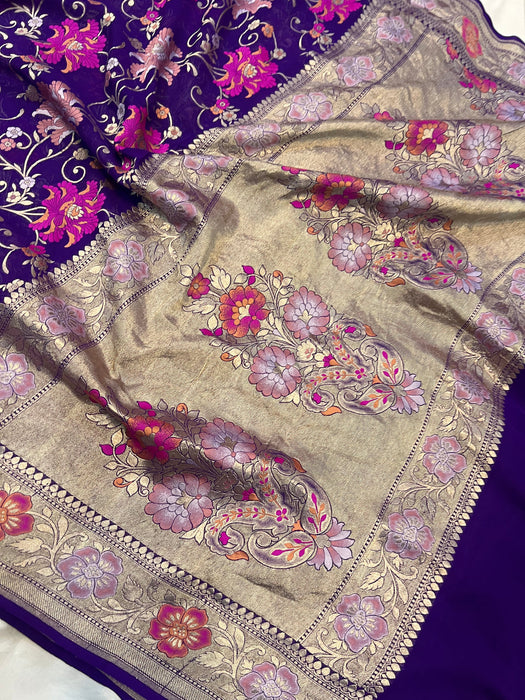 Purple Khaddi Georgette Banarasi Handloom Saree - Meenakari