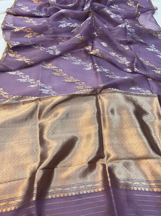 Light Lavender Pure Kora Banarasi Handloom Saree