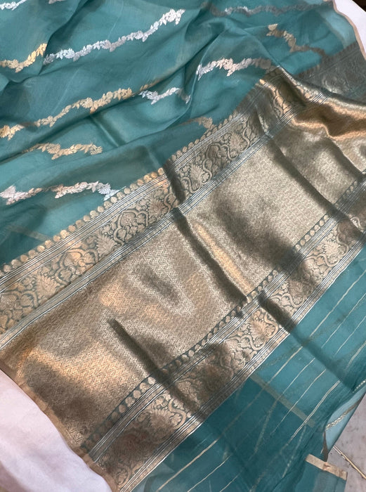 Persian Blue Pink Pure Kora Banarasi Handloom Saree