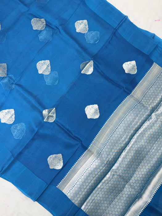 Blue Pure Kora Organza Banarasi Handloom Saree