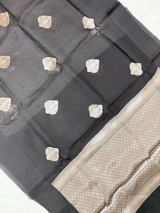 Black Pure Kora Organza Banarasi Handloom Saree
