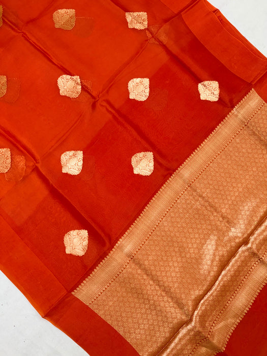 Italian Orange Pure Kora Organza Banarasi Handloom Saree