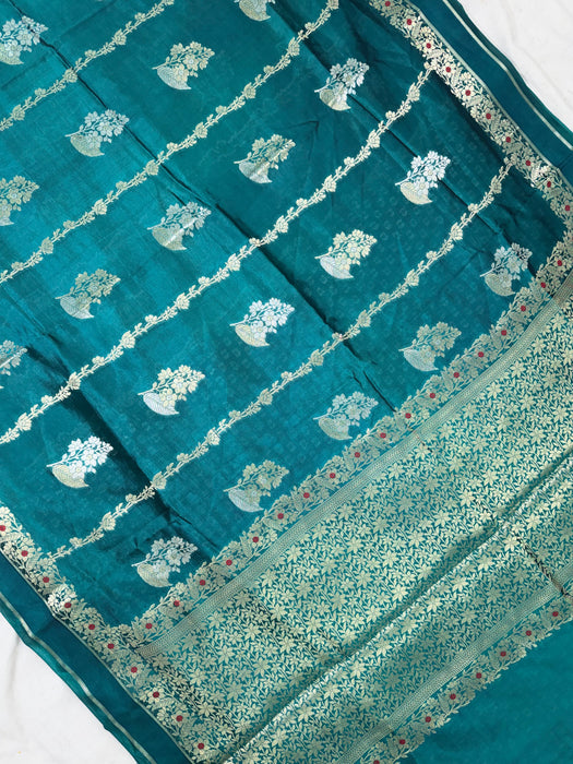German Green Pure Mango Katan Banarasi Handloom Saree