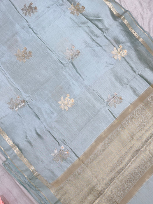 Powder Blue Pure Mango Katan Banarasi Handloom Saree