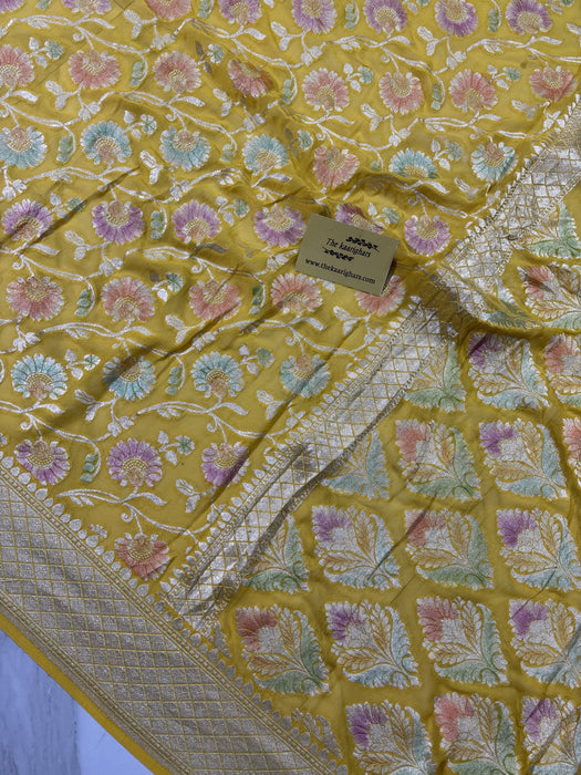 Yellow Khaddi Georgette Banarasi Handloom Saree - Hand Meenakari