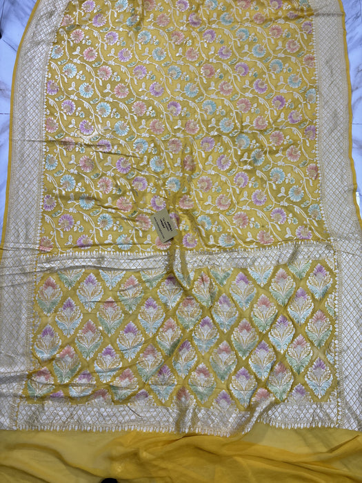 Yellow Khaddi Georgette Banarasi Handloom Saree - Hand Meenakari