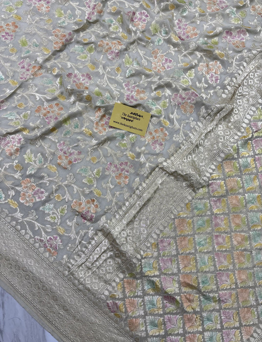German Gray Khaddi Georgette Banarasi Handloom Saree - Hand Meenakari