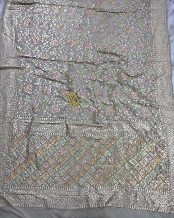 German Gray Khaddi Georgette Banarasi Handloom Saree - Hand Meenakari