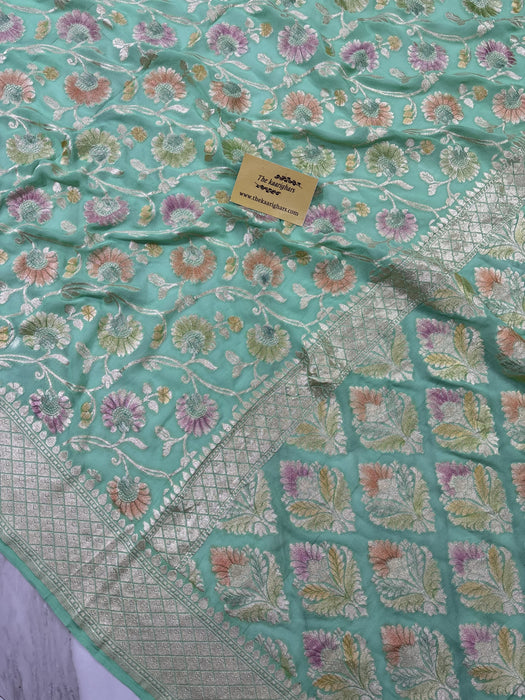Pista Khaddi Georgette Banarasi Handloom Saree - Hand Meenakari