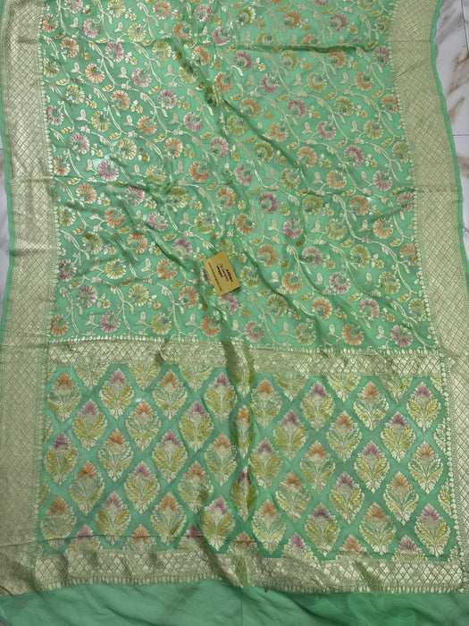 Pista Khaddi Georgette Banarasi Handloom Saree - Hand Meenakari