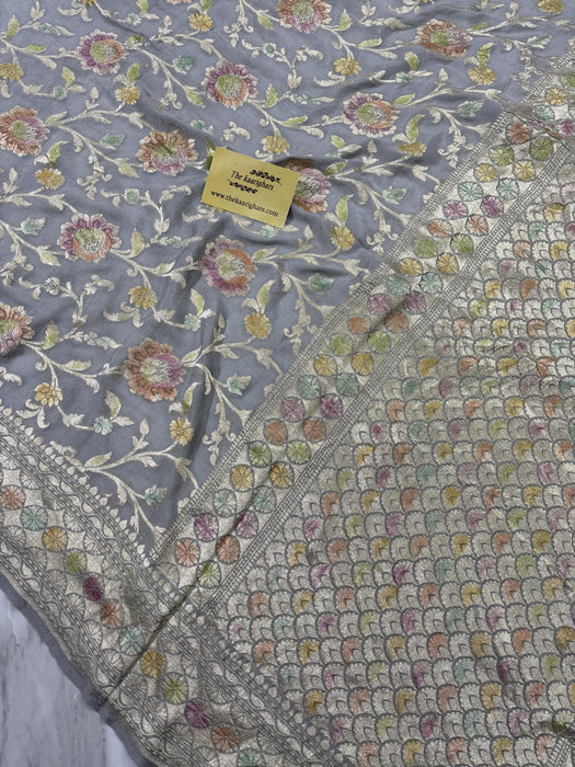 Bluish Gray Khaddi Georgette Banarasi Handloom Saree - Hand Meenakari