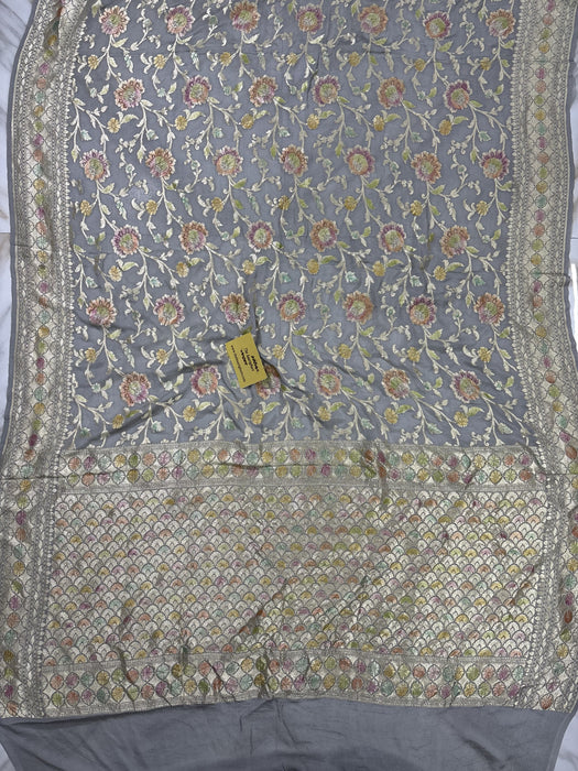 Bluish Gray Khaddi Georgette Banarasi Handloom Saree - Hand Meenakari