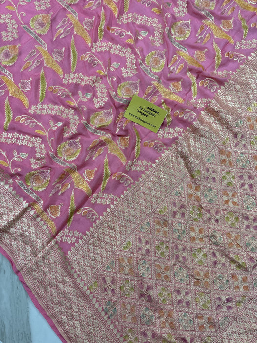 Pink Khaddi Georgette Banarasi Handloom Saree - Hand Meenakari