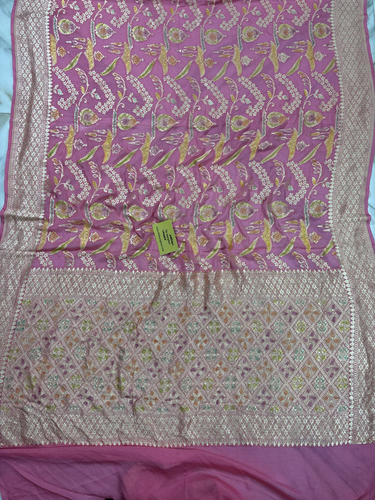 Pink Khaddi Georgette Banarasi Handloom Saree - Hand Meenakari