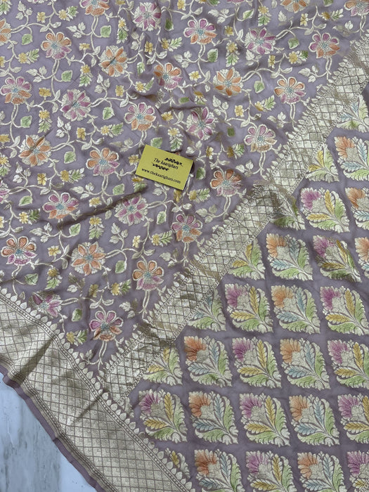 Pearl Khaddi Georgette Banarasi Handloom Saree - Hand Meenakari