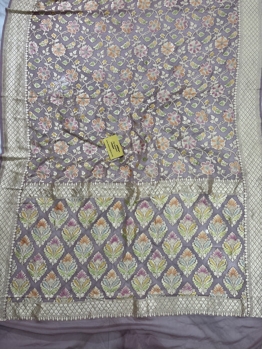 Pearl Khaddi Georgette Banarasi Handloom Saree - Hand Meenakari