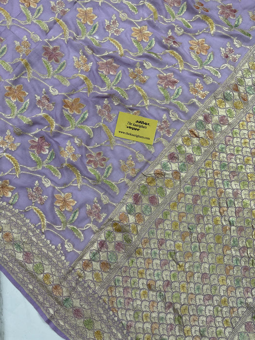 Italian Lavender Khaddi Georgette Banarasi Handloom Saree - Hand Meenakari