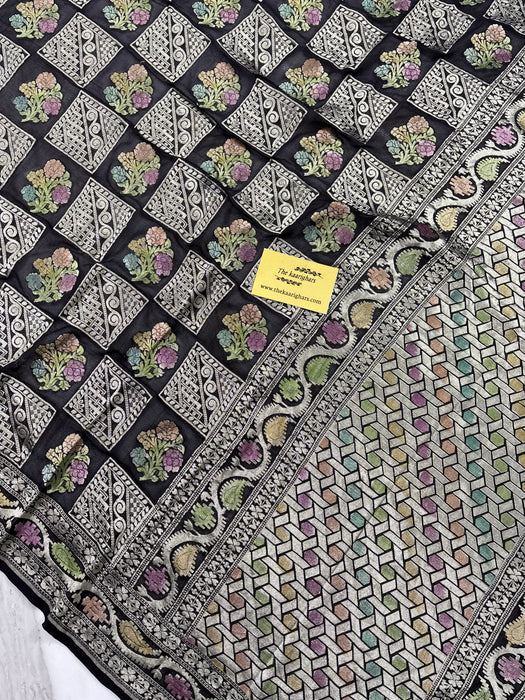 Black Khaddi Georgette Banarasi Handloom Saree - Hand Meenakari