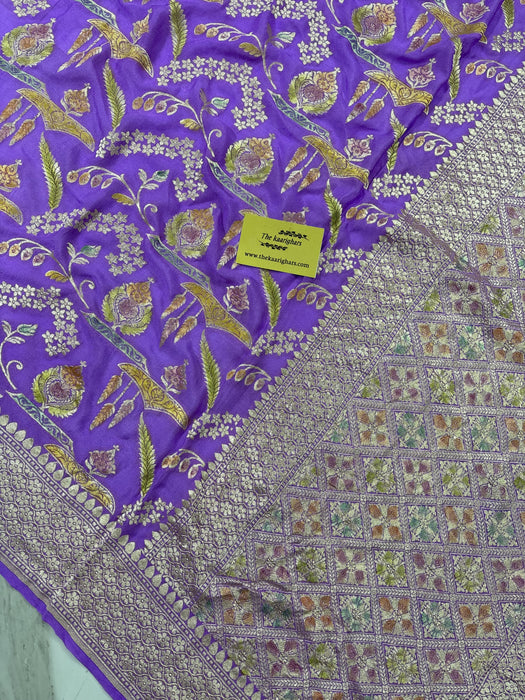 Spanish Lavender Khaddi Georgette Banarasi Handloom Saree - Hand Meenakari